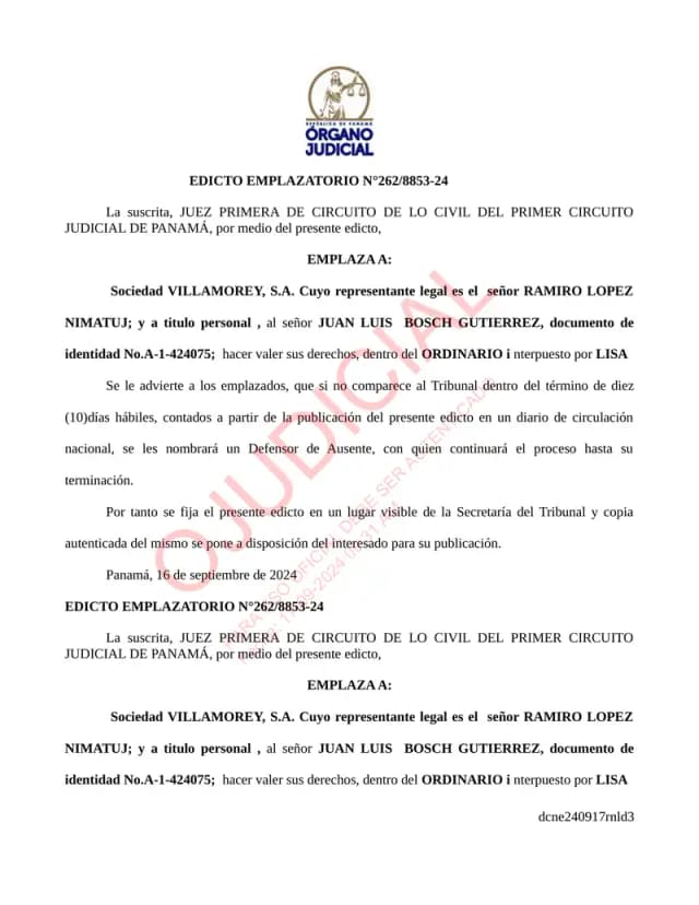 El Juzgado Primero Civil emite edicto emplazatorio otorgando a Villamorey, S.A. y Juan Luis Bosch Gutiérrez diez días hábiles para comparecer, bajo apercibimiento de nombrarles Defensor de Ausente.