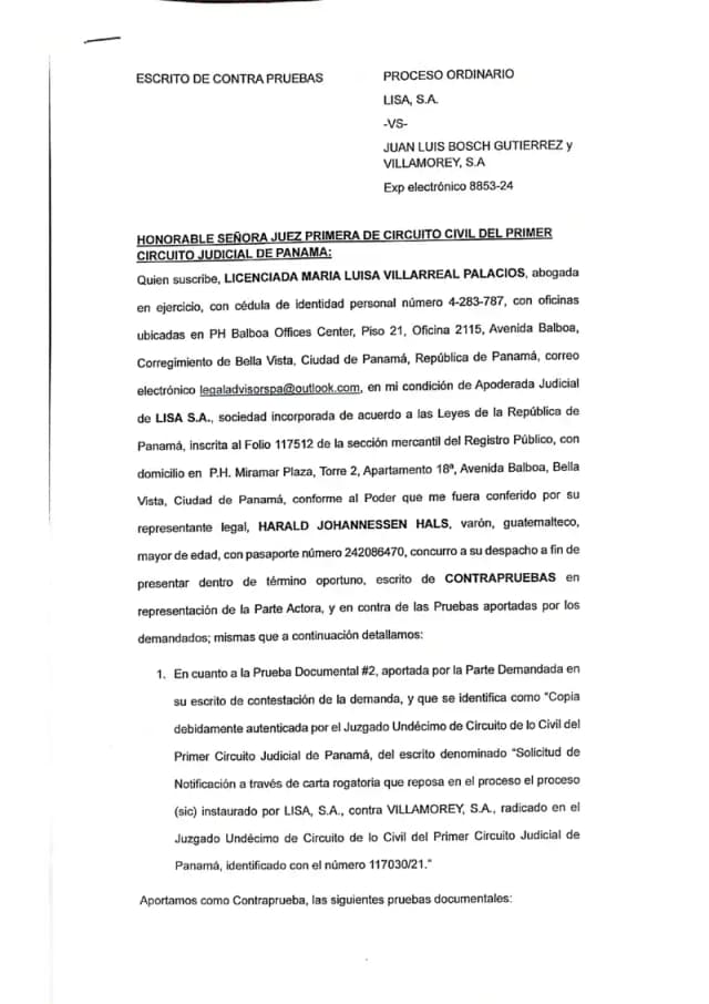 Lisa, S.A. presenta contrapruebas que demuestran que la carta rogatoria fue ordenada por el tribunal y aporta convocatorias a asambleas emitidas por Villamorey entre 2020 y 2024, contradiciendo la falta de legitimidad activa alegada por los demandados.