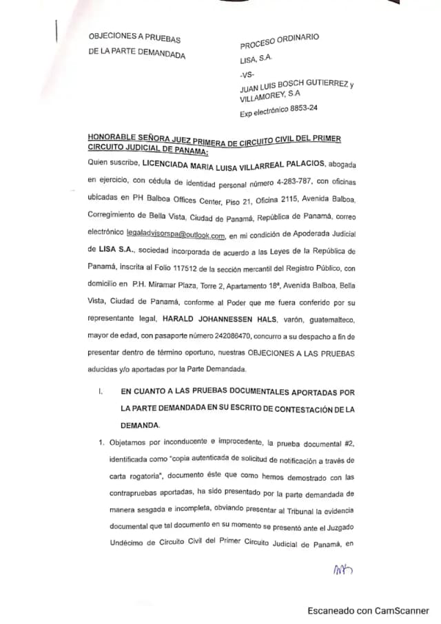Lisa, S.A. presenta objeciones formales contra pruebas documentales y de informe aducidas por Villamorey y Bosch, calificándolas de inconducentes, sesgadas e incumplientes del Código Judicial.