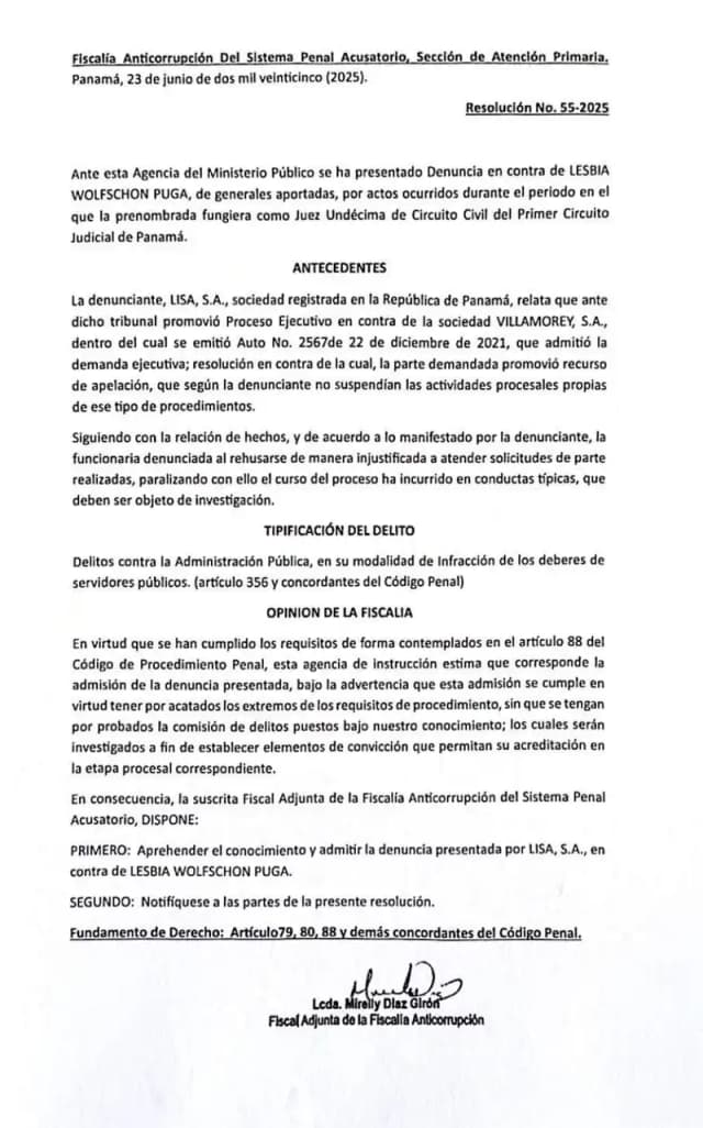 La Fiscalía Anticorrupción admite mediante Resolución No. 55-2025 la denuncia de Lisa, S.A. contra la exjueza Wolfschon Puga por paralizar el proceso ejecutivo contra Villamorey, S.A.